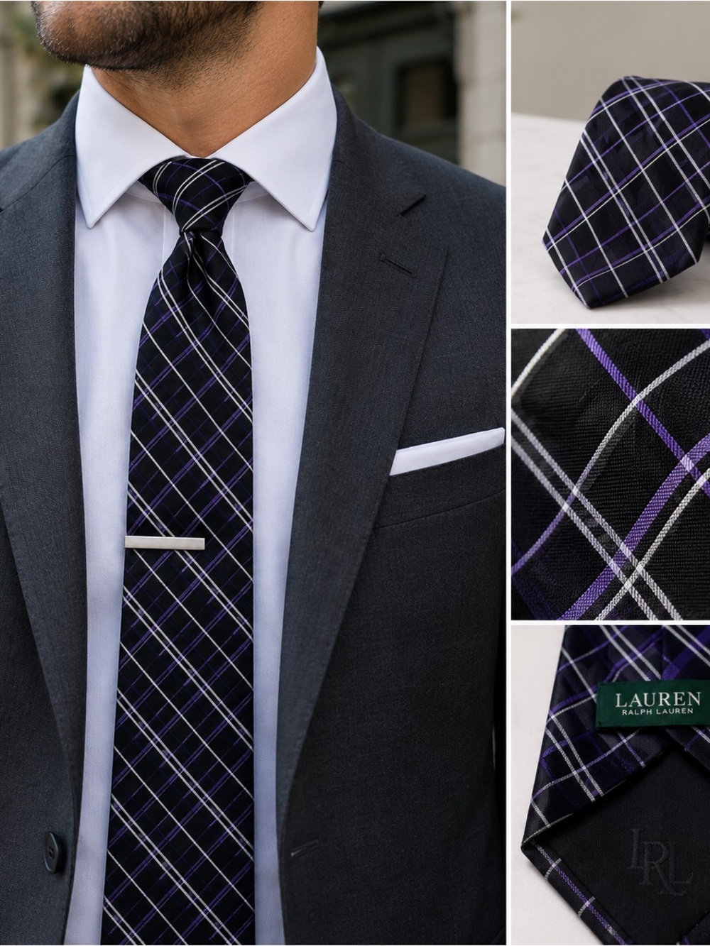 Lauren Ralph Lauren Silk Plaid Tie Black Purple Mens Necktie